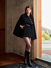Golden Button Pockets Belted Cloak