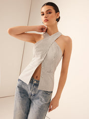 Cotton & Linen Pinstripe Slim Halter Top