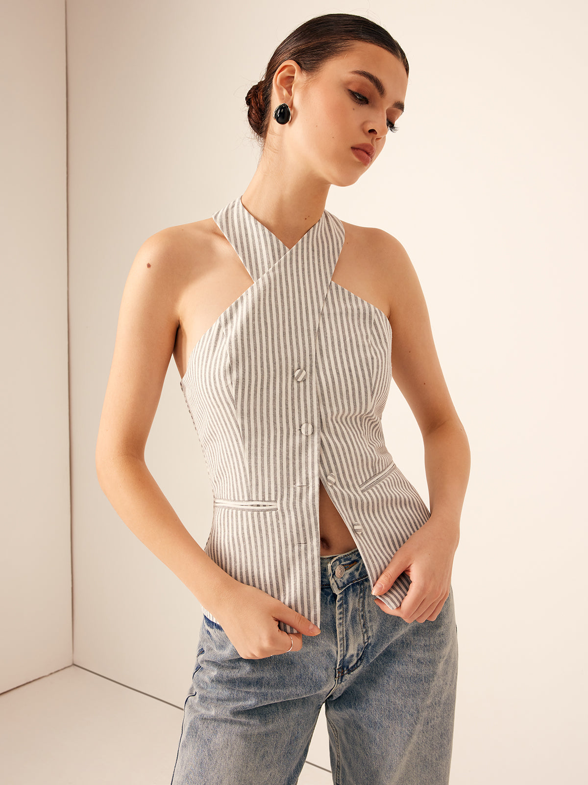 Cotton & Linen Pinstripe Slim Halter Top