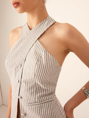 Cotton & Linen Pinstripe Slim Halter Top