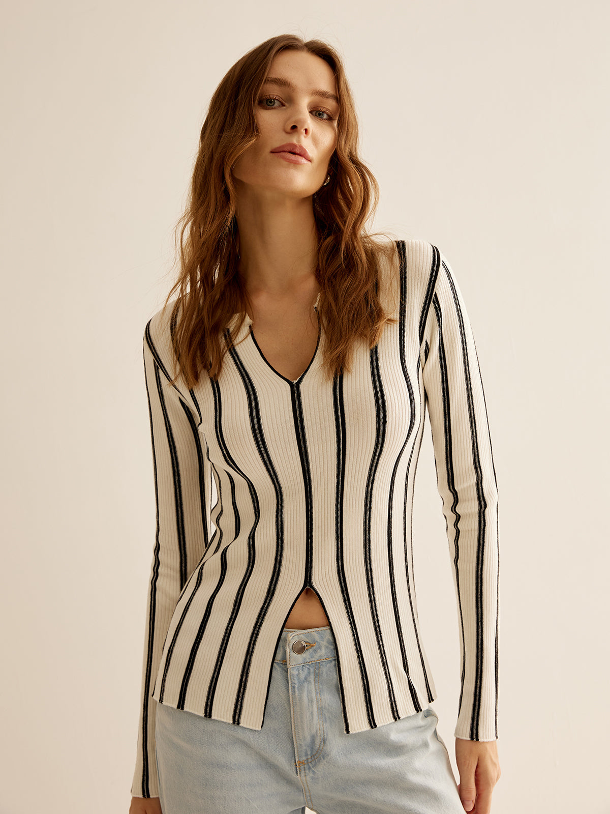 Split Pinstripe Slim Knit Top