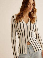 Split Pinstripe Slim Knit Top