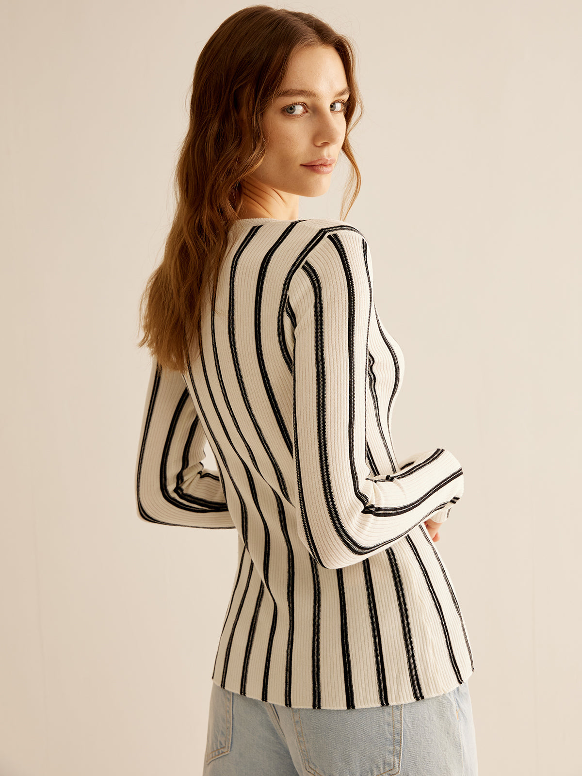 Split Pinstripe Slim Knit Top