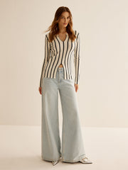 Split Pinstripe Slim Knit Top