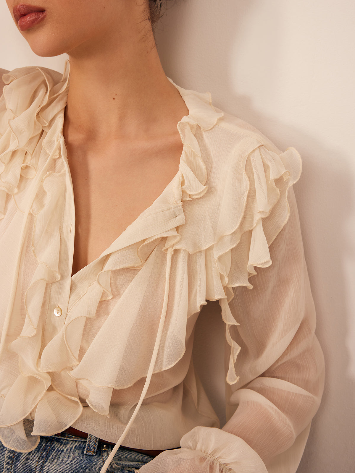 Ruffle Chiffon Breasted Thin Shirt