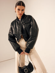 Zip Pockets PU Leather Short Jacket