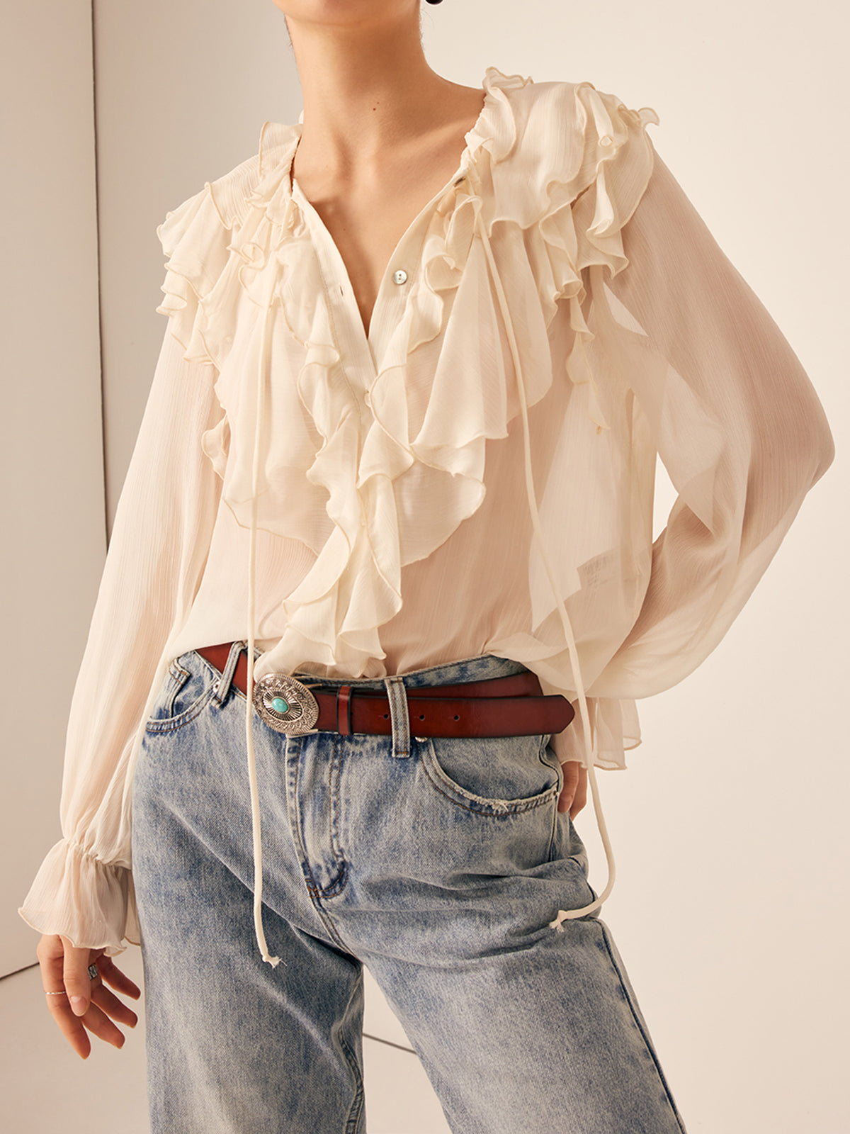 Ruffle Chiffon Breasted Thin Shirt