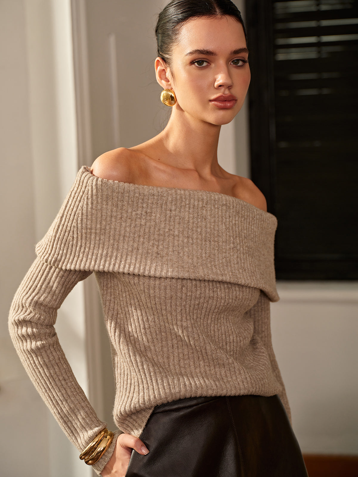 Wool-Blend Plain Off-Shoulder Sweater