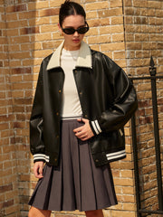 Contrast Collar PU Leather Bomber Jacket