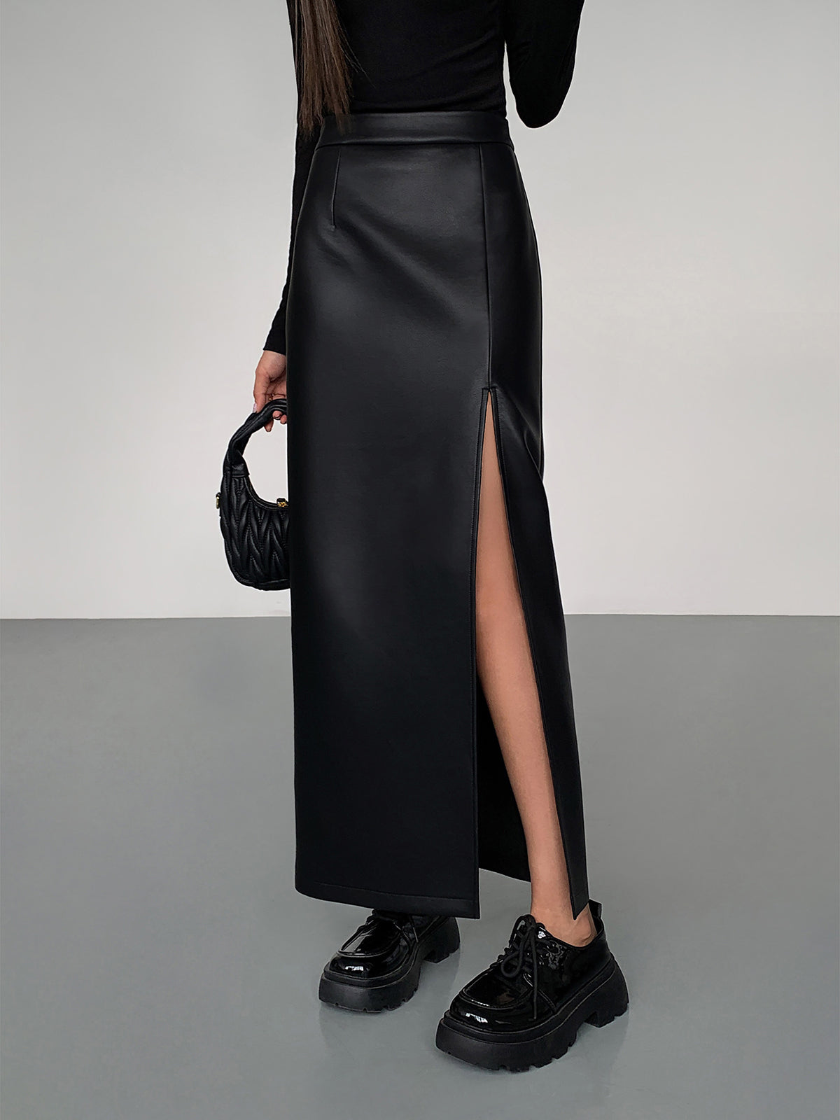 Side Split PU Leather Midi Skirt