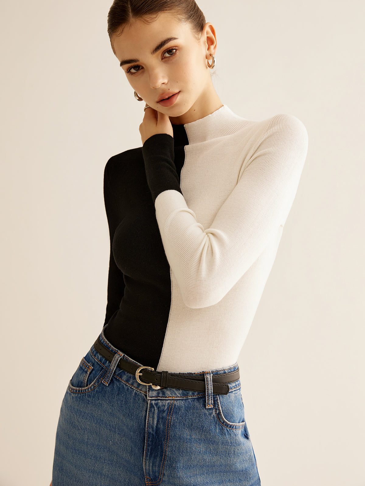 Wool-Blend Two Tone Skinny Knit Top