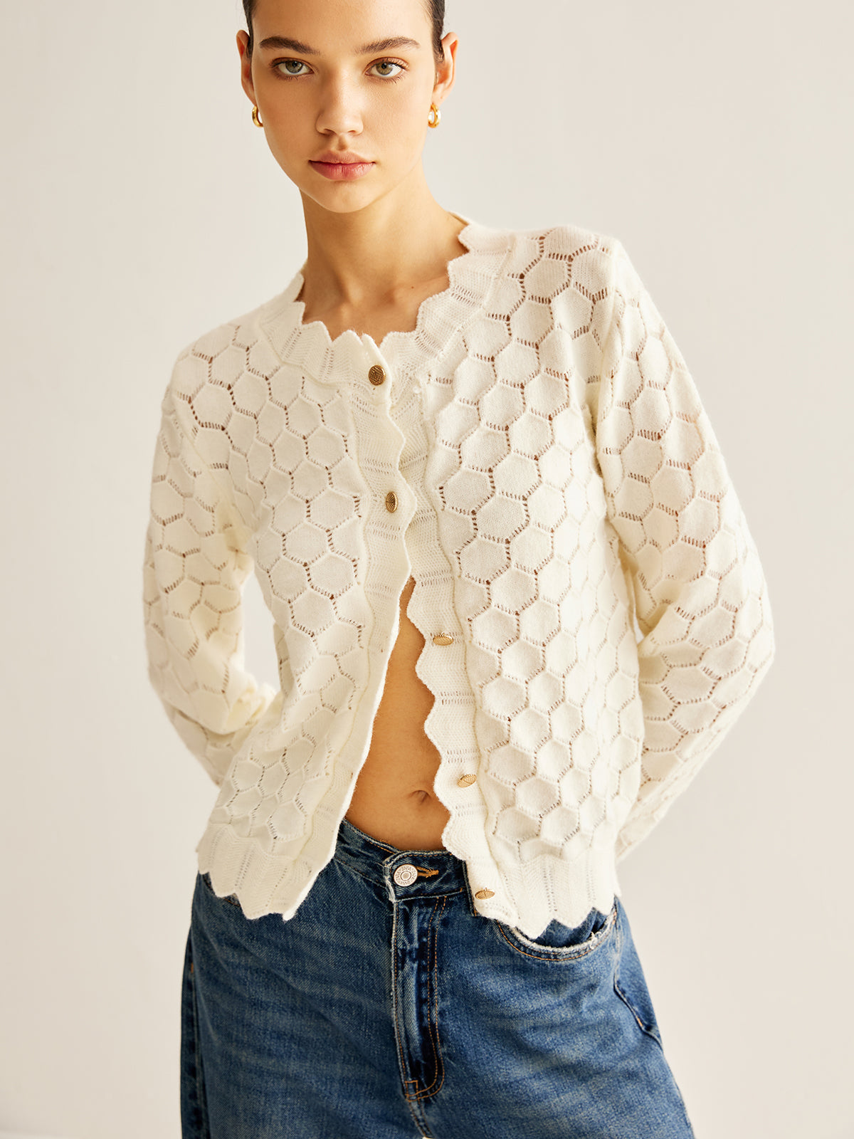 Wave Trim Hollow Out Cardigan