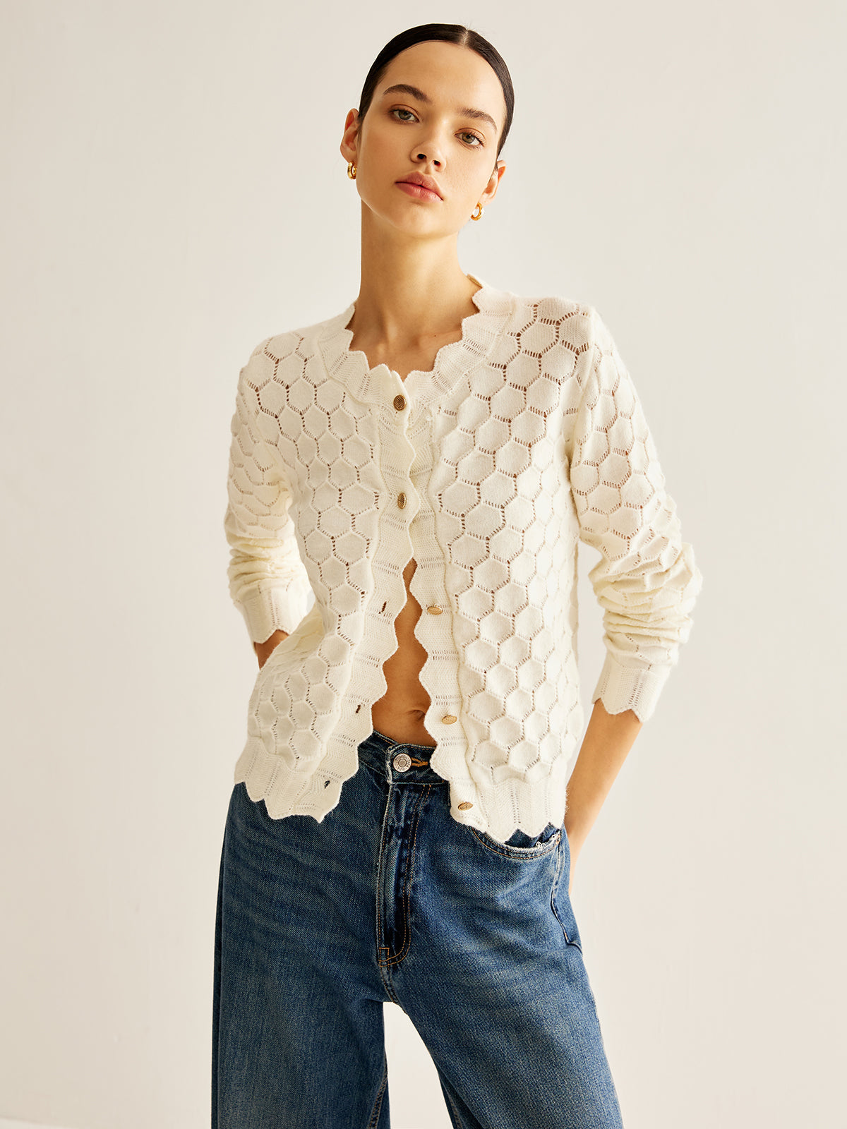 Wave Trim Hollow Out Cardigan