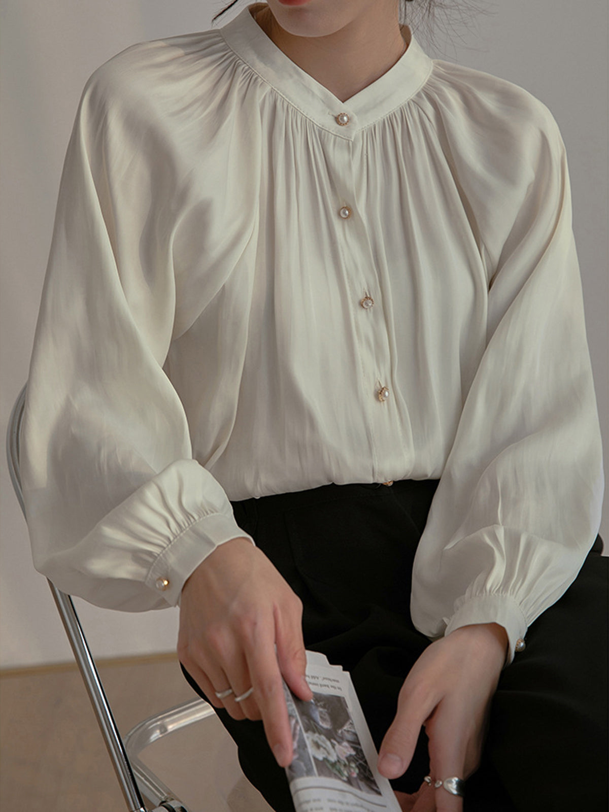 Pleated Collar Pearl Button Shirt