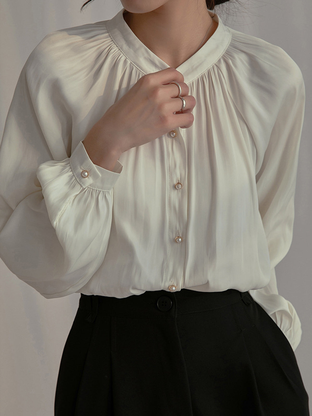 Pleated Collar Pearl Button Shirt