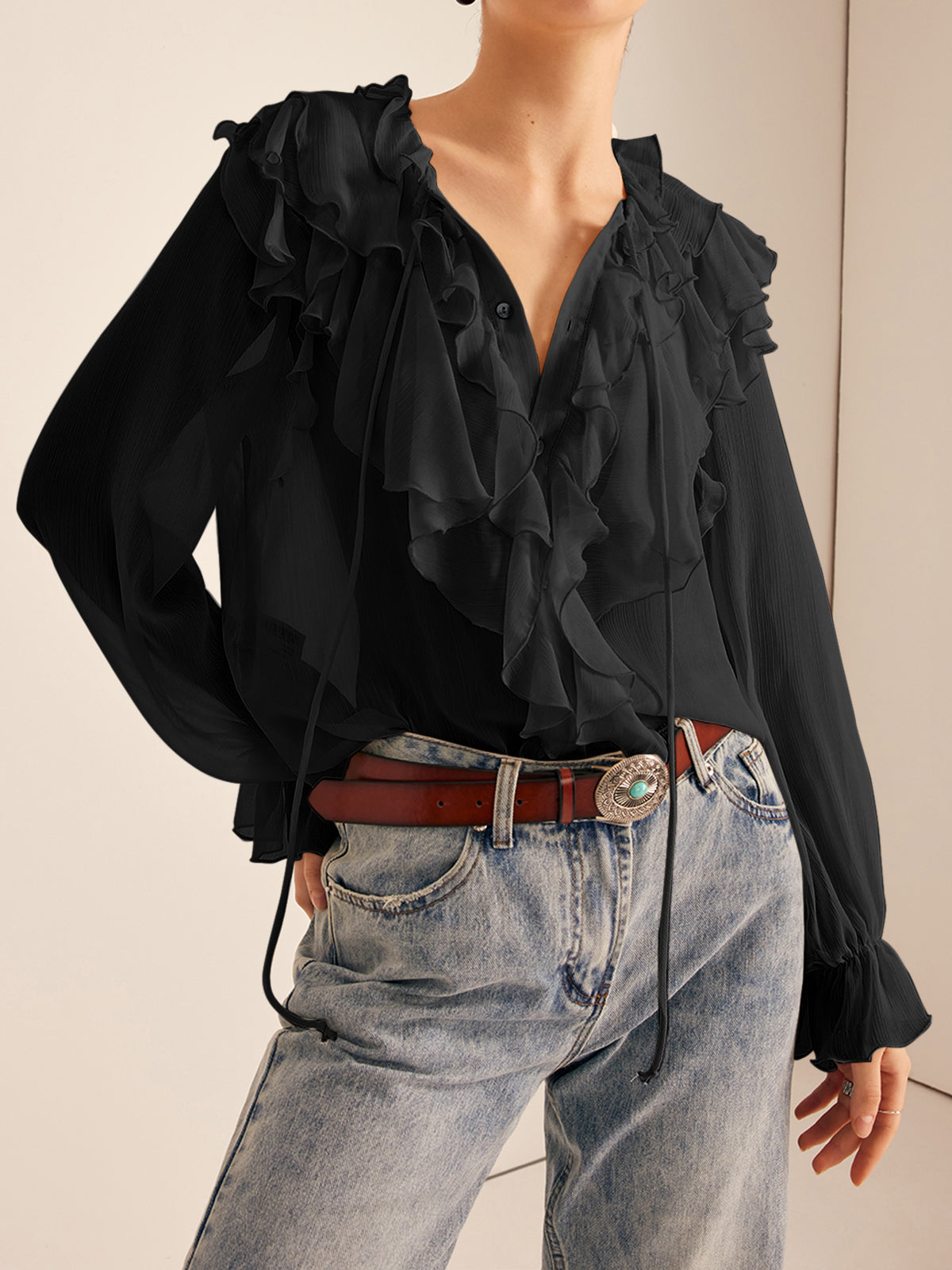 Ruffle Chiffon Breasted Thin Shirt