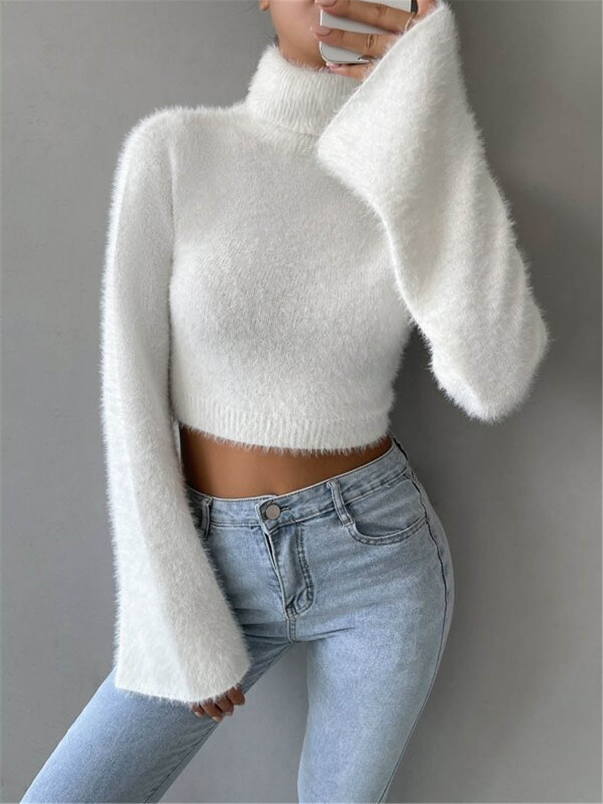 Turtleneck Fuzzy Crop Blouse