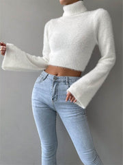 Turtleneck Fuzzy Crop Blouse