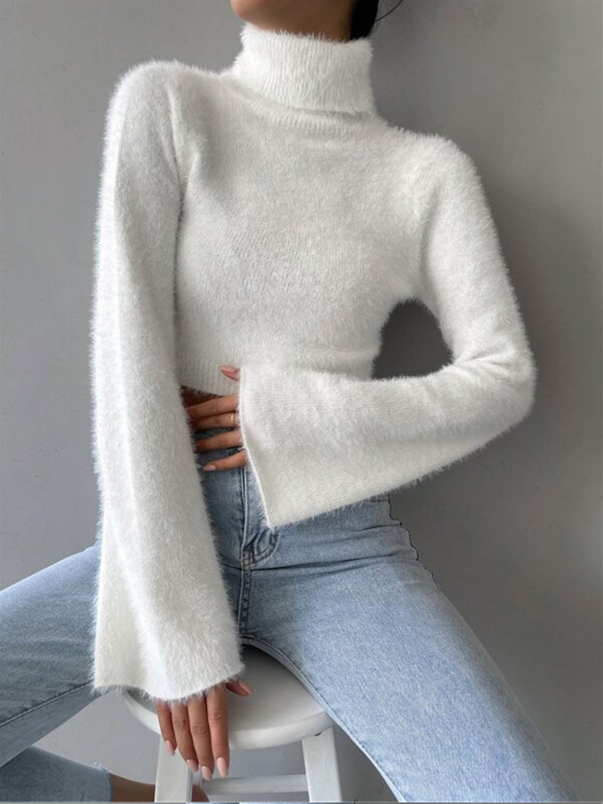 Turtleneck Fuzzy Crop Blouse