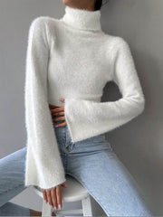 Turtleneck Fuzzy Crop Blouse