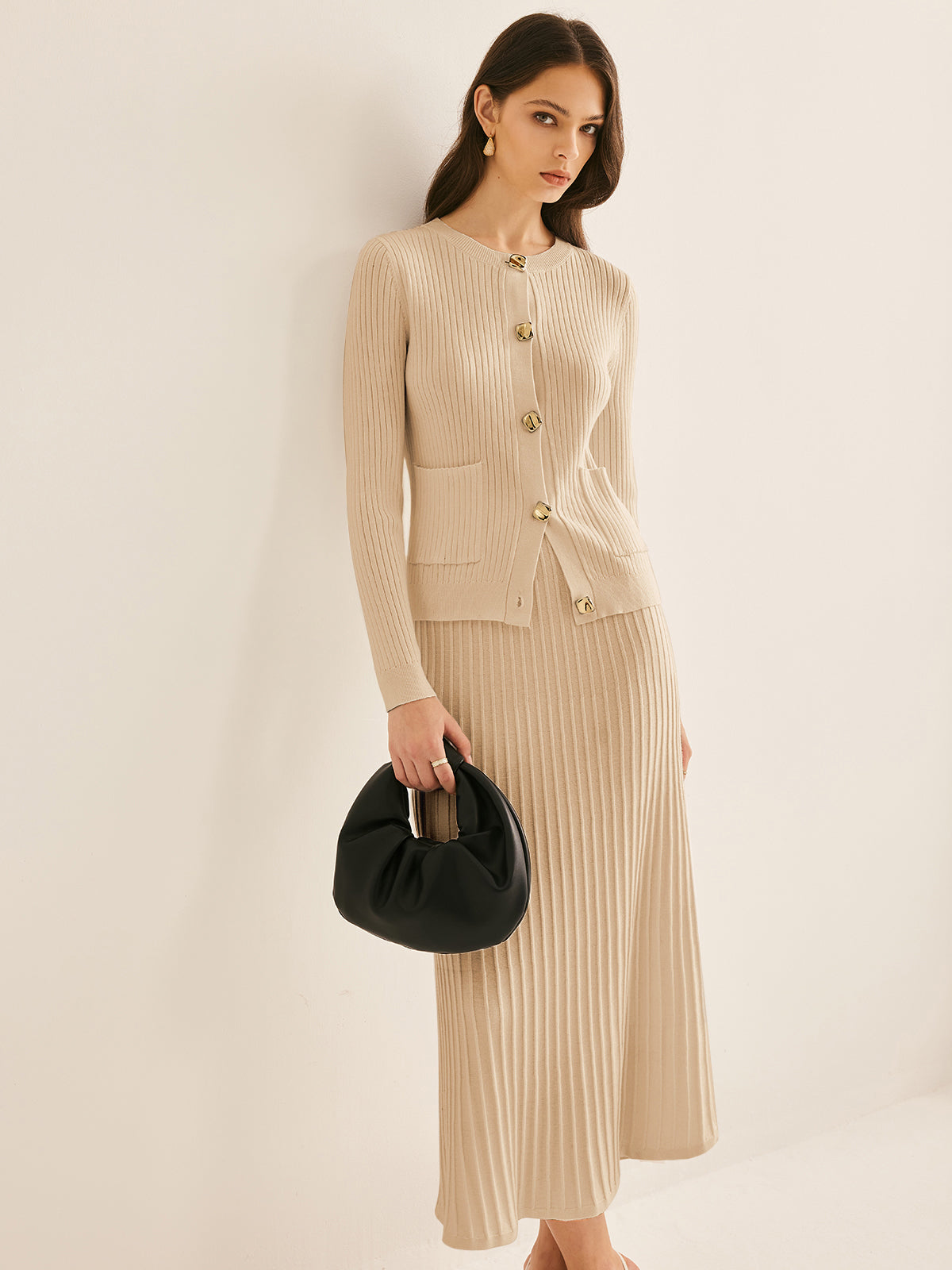 Elegant Button Pleated Sweater Co-ords