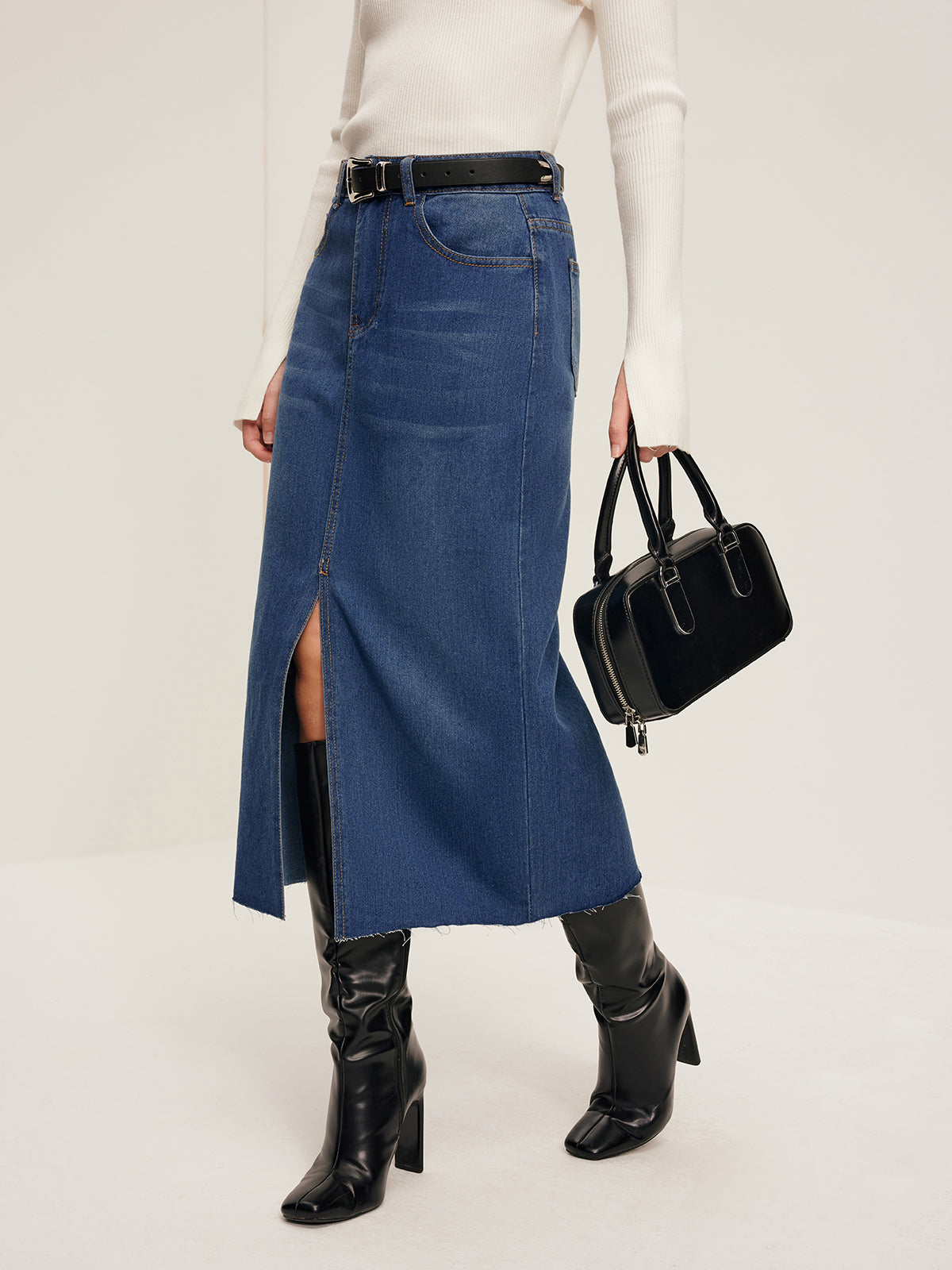 Front Split Denim Skirt Without Belt