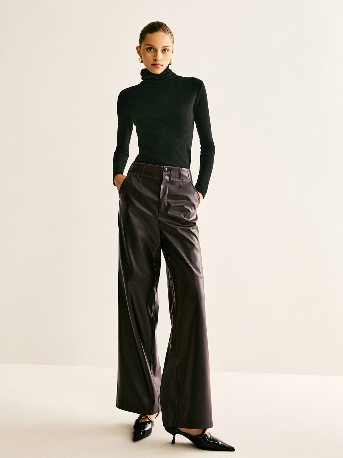 Faux Leather Mid Waist Pants