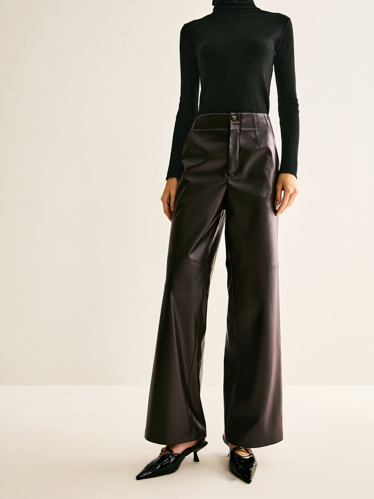 Faux Leather Mid Waist Pants