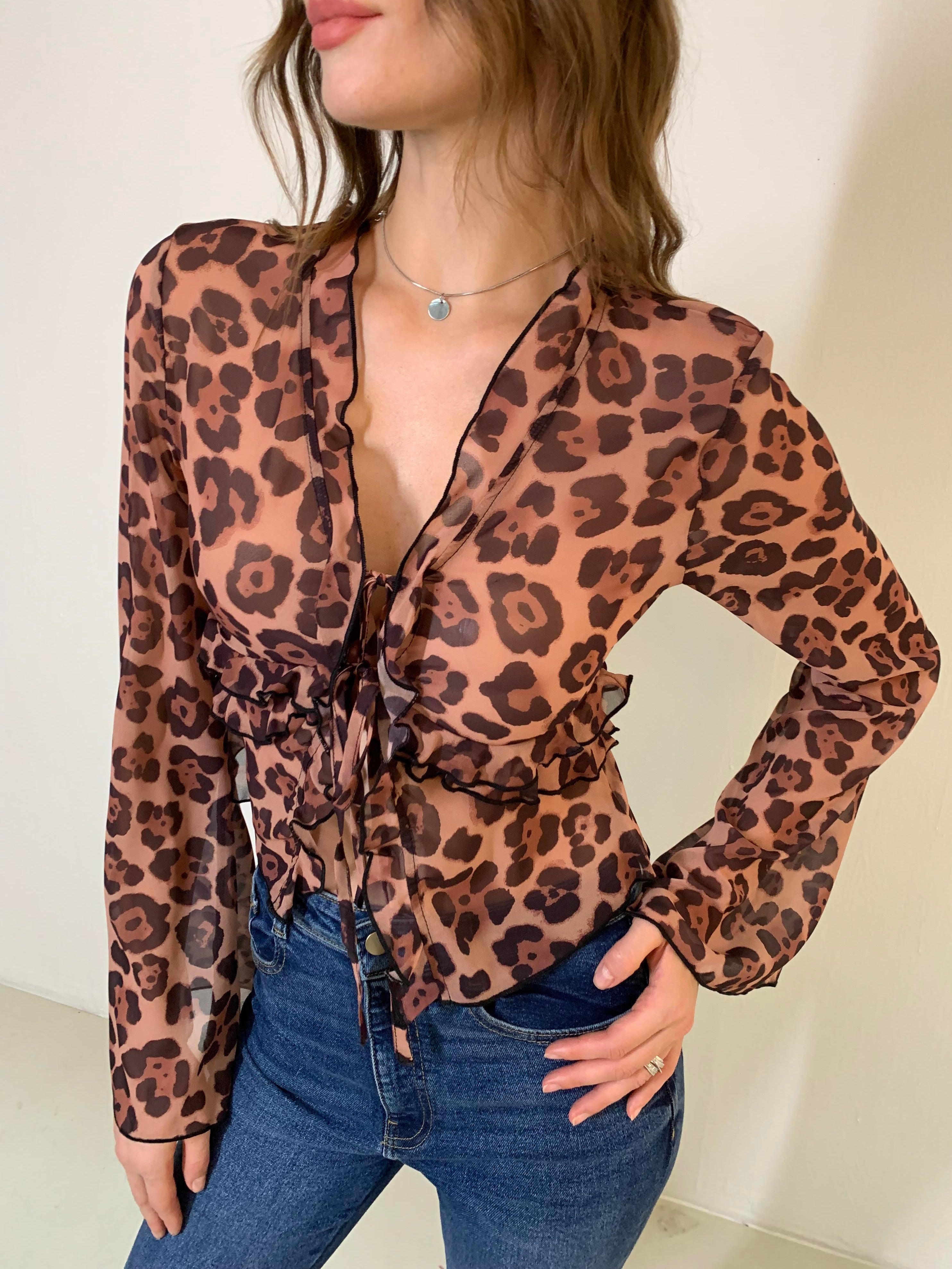 Leopard Print Semi-Sheer Ruffle V-neck Shirt