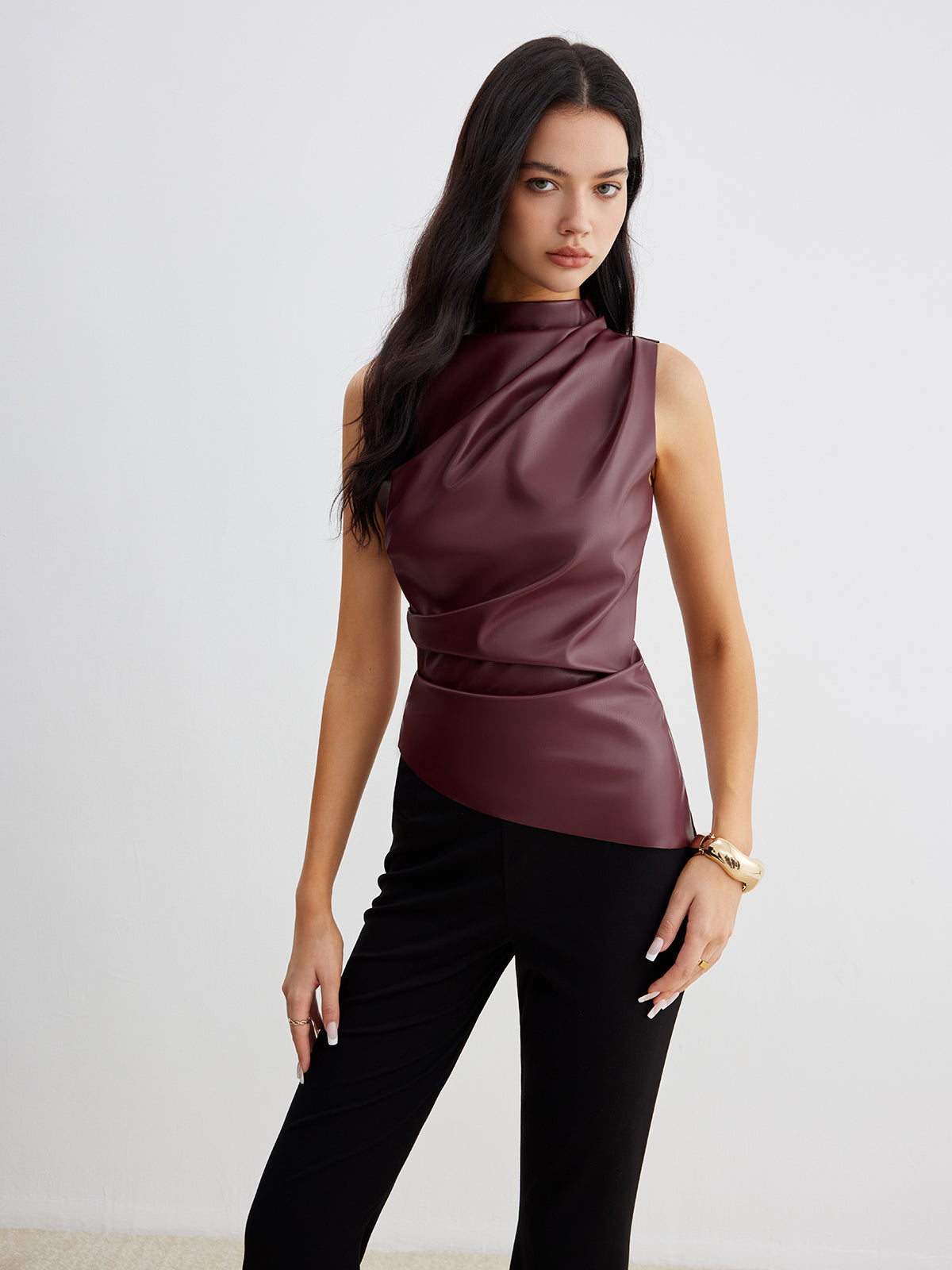 Mock Neck Faux Leather Cinched Tank Top