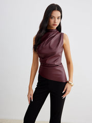 Mock Neck Faux Leather Cinched Tank Top