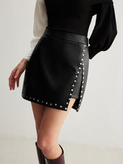 Slit Studded Faux Leather Mini Skirt