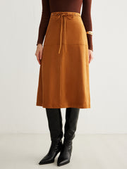 Drawstring Back-Zipper Suede Skirt