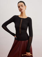 Sheer Panel Ribbed Slim Sweater