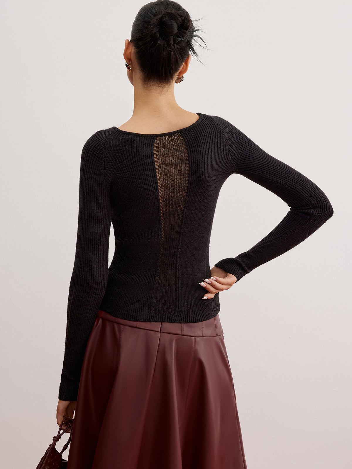 Sheer Panel Ribbed Slim Sweater