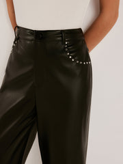 Studded-Decor PU Leather Straight Pants