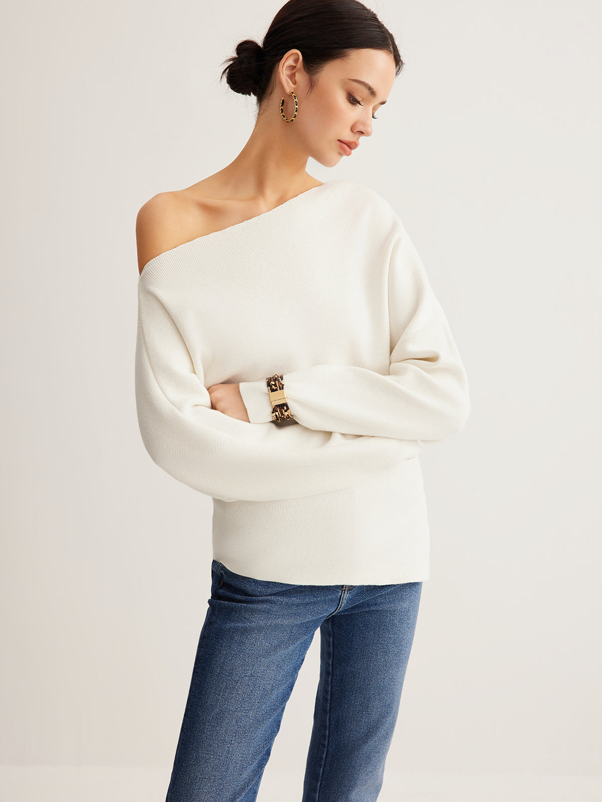 Wool-Blend Asymmetrical Neck Knit Top