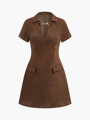 V-Neck Short Sleeve Suede Dress