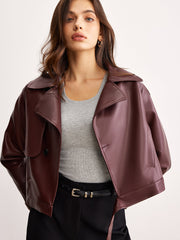 Faux Leather Belted Short Jacket