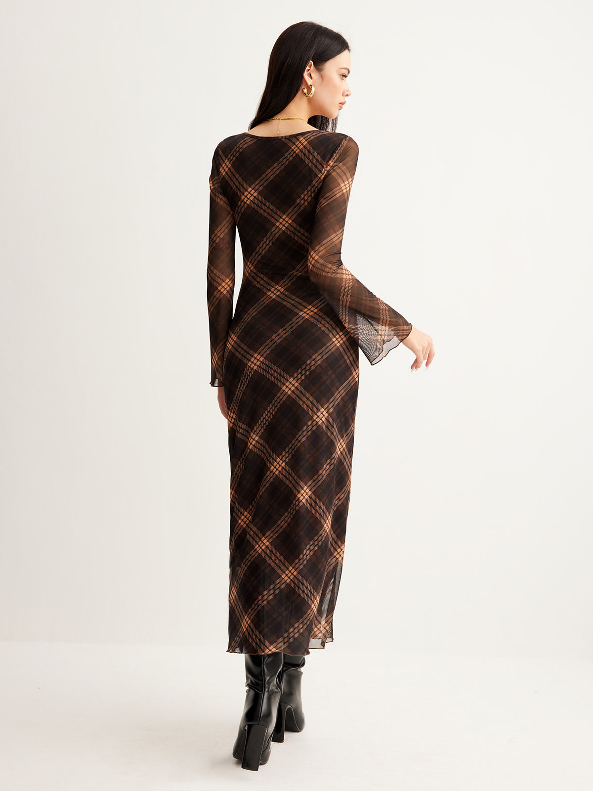 Checked Bell-Sleeve Mesh Dress