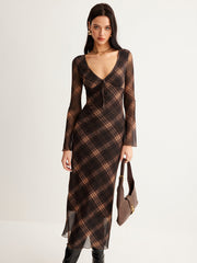 Checked Bell-Sleeve Mesh Dress