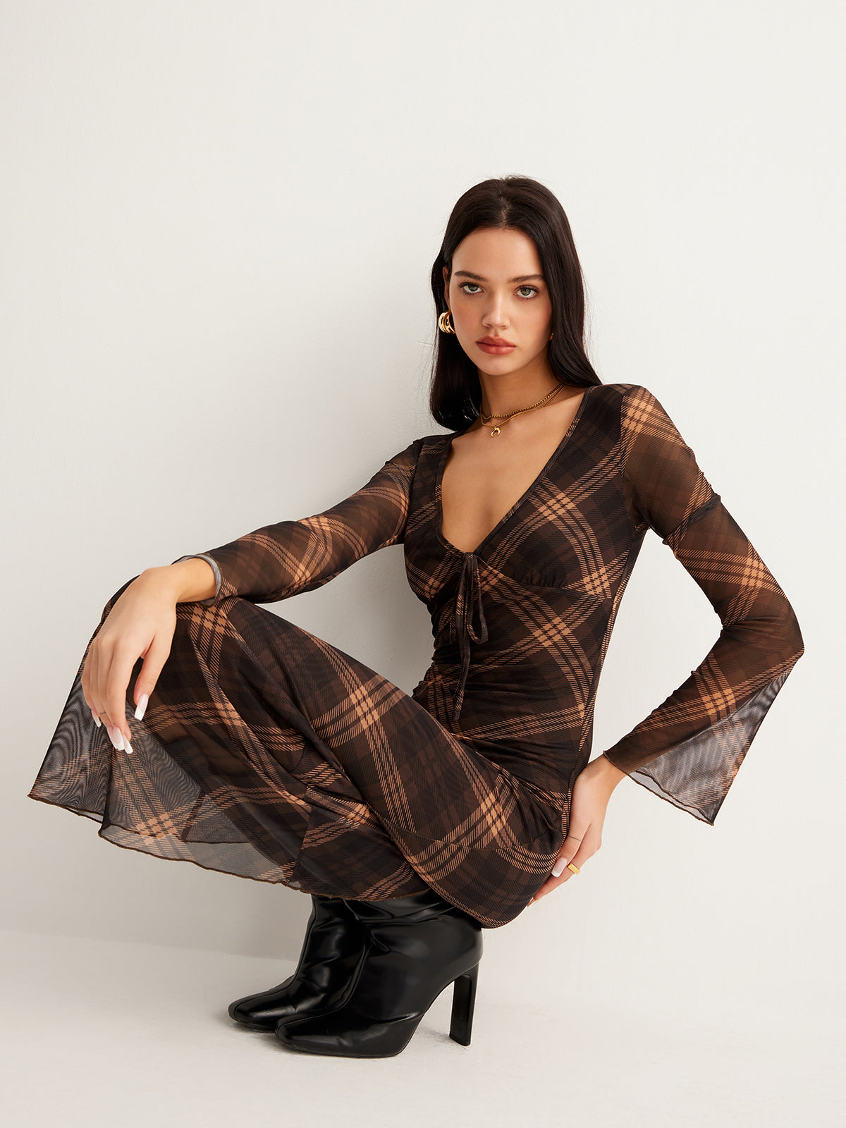 Checked Bell-Sleeve Mesh Dress