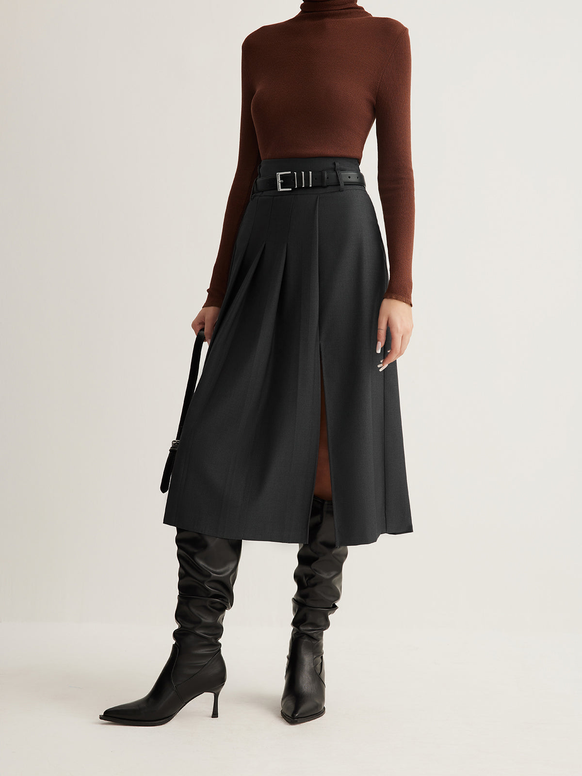 Side Split Pleated Skirt Without Belt