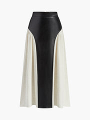 Color Block Pleated Faux Leather Panel Skirt