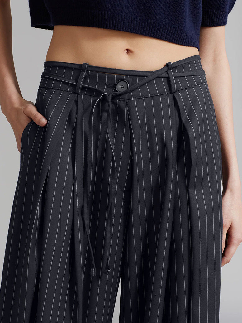 Drawstring Pinstripe Wide-Leg Pants