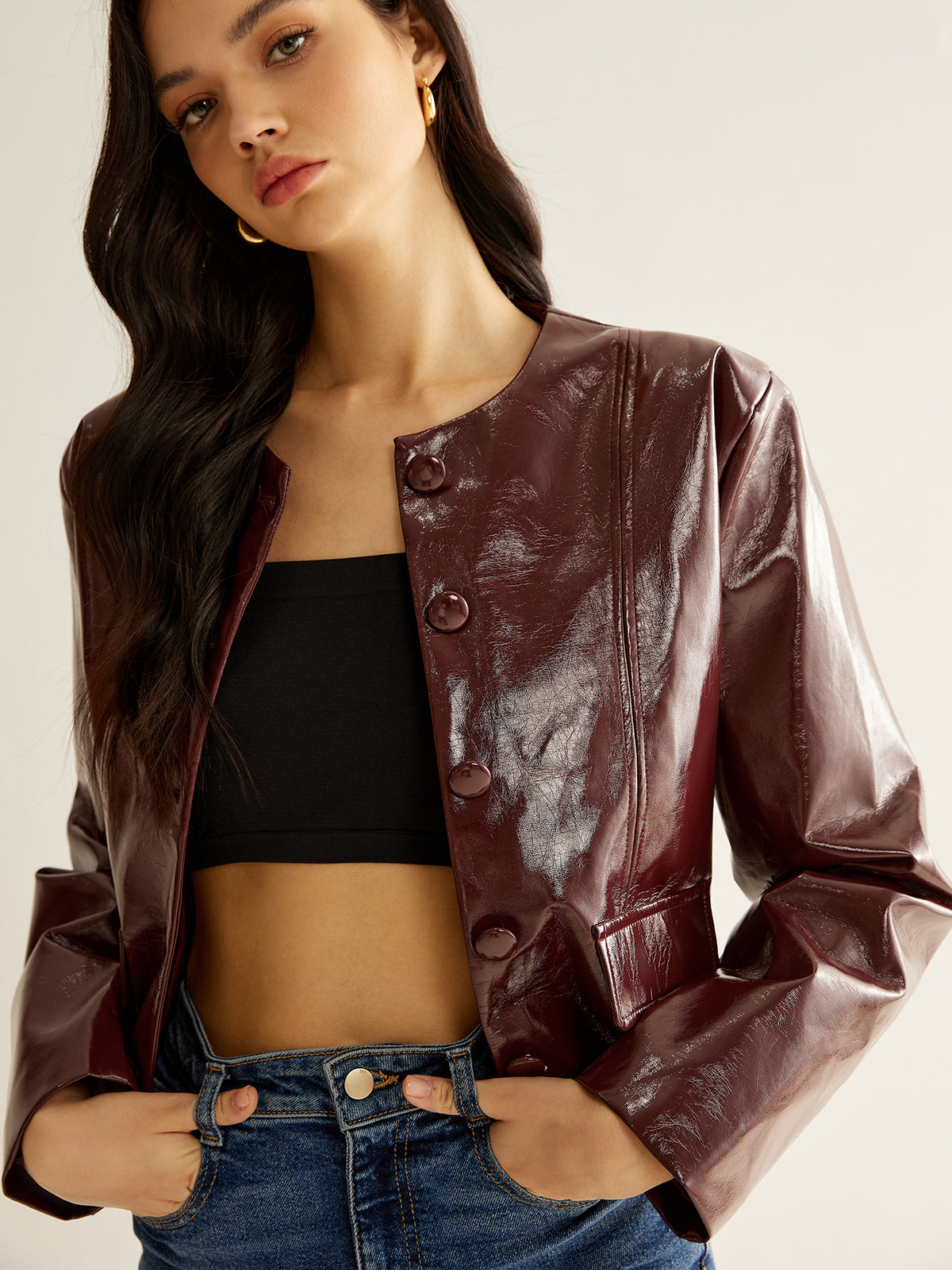 Crew Neck PU Leather Short Blazer