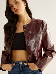 Crew Neck PU Leather Short Blazer