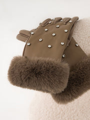 Rhinestone Fuzzy Cuff Warm Gloves