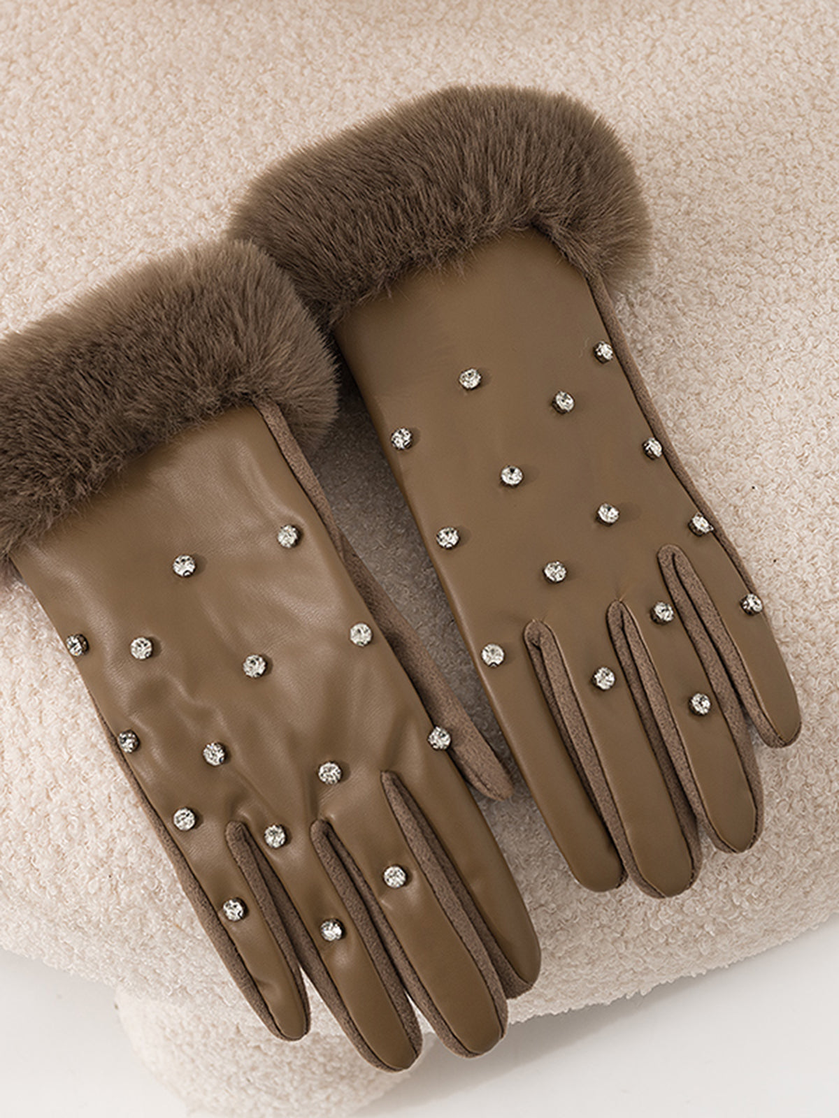 Rhinestone Fuzzy Cuff Warm Gloves