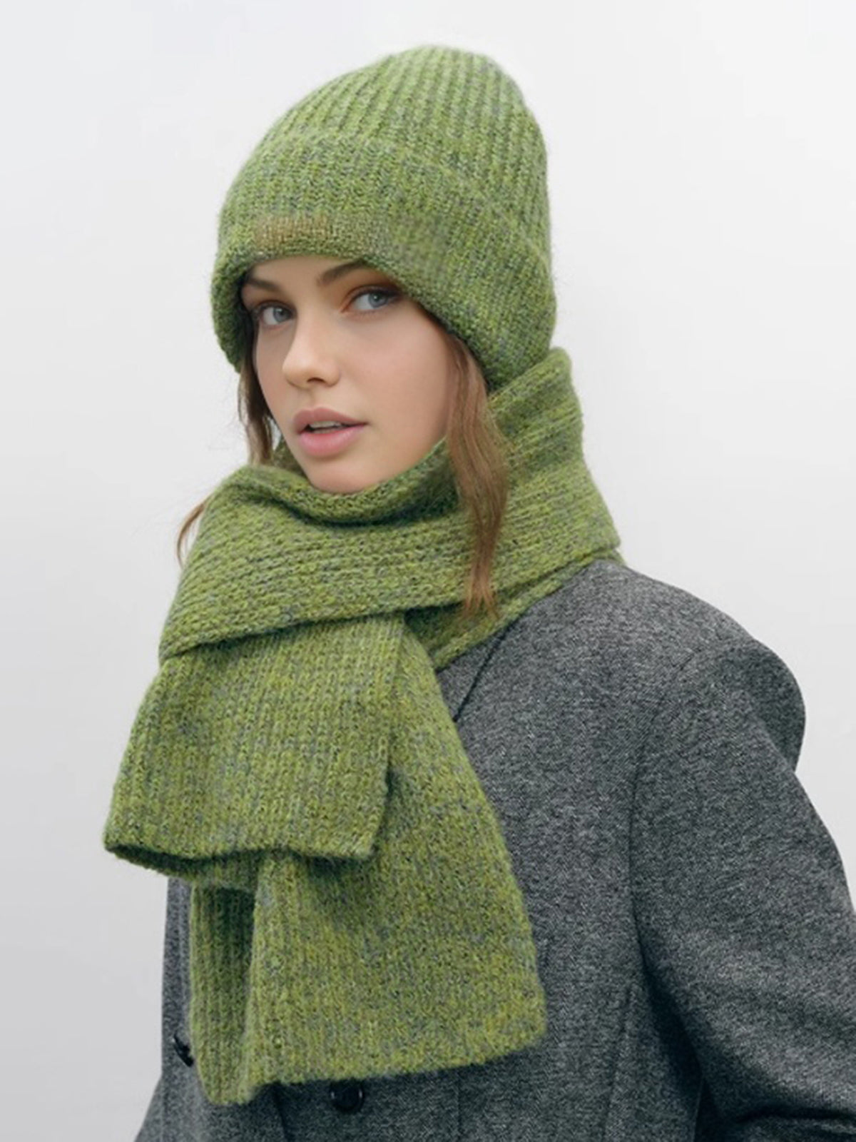 Plain Warm Knit Hat With Scarf